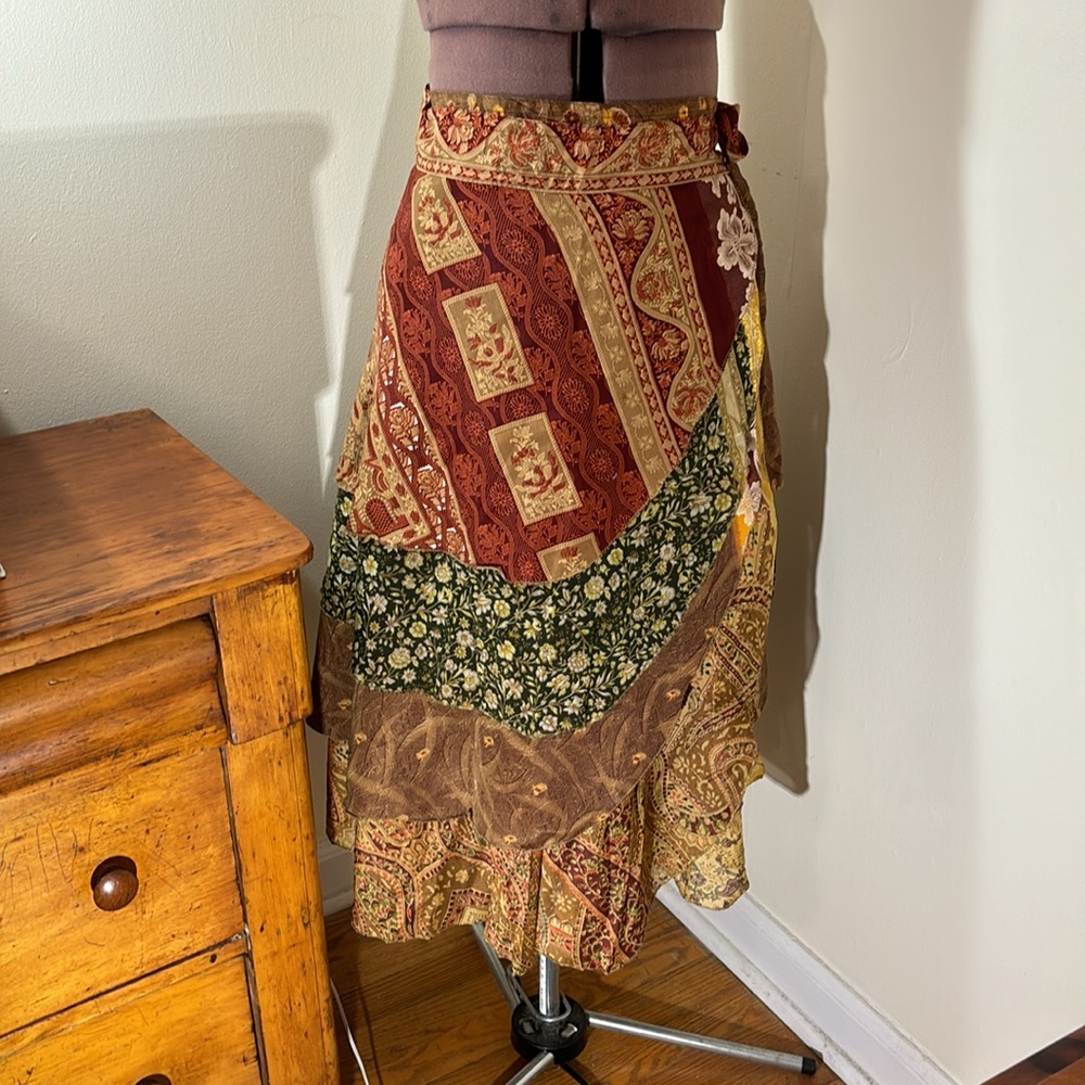 Sacred Threads Boho Wrap Skirt in Greens, Golds, and Burgundy. OS Made in India
